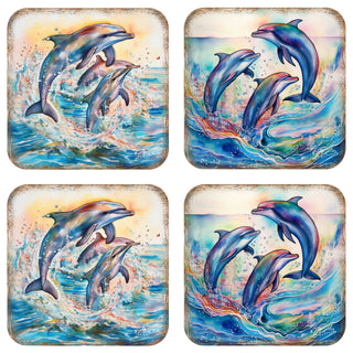 Dolphins Wooden Cork Coasters Gift Set of 4 by G. Debrekht - Coastal Holiday Decor - 8199450-3C-S4