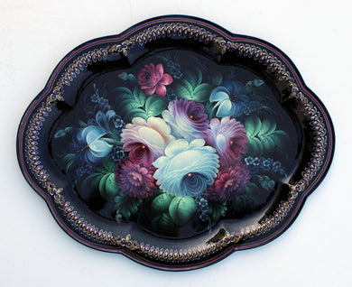 One-of-a-Kind Authentic Zhostovo Hand-Painted Metal Tray by Olga Koshkina 22x18