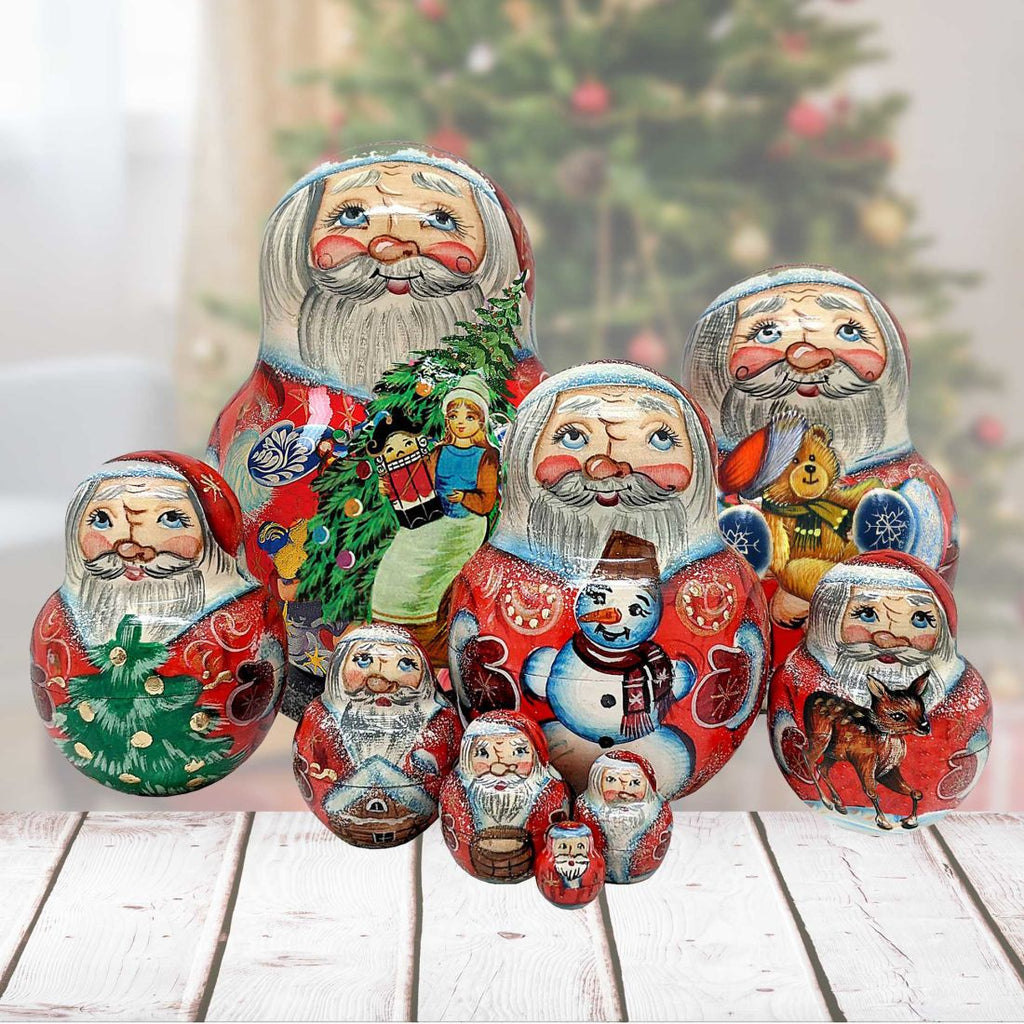 Santa Gifting Matreshka Nesting Hand-Painted Doll Set of 10 by G. DeBrekht - Christmas Santa Snowman Decor - 120025
