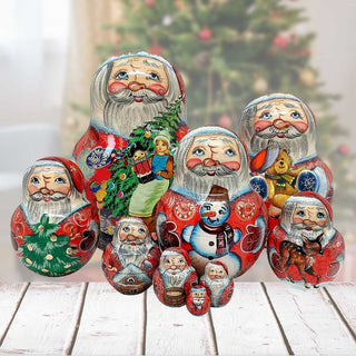 Santa Gifting Matreshka Nesting Hand-Painted Doll Set of 10 by G. DeBrekht - Christmas Santa Snowman Decor - 120025