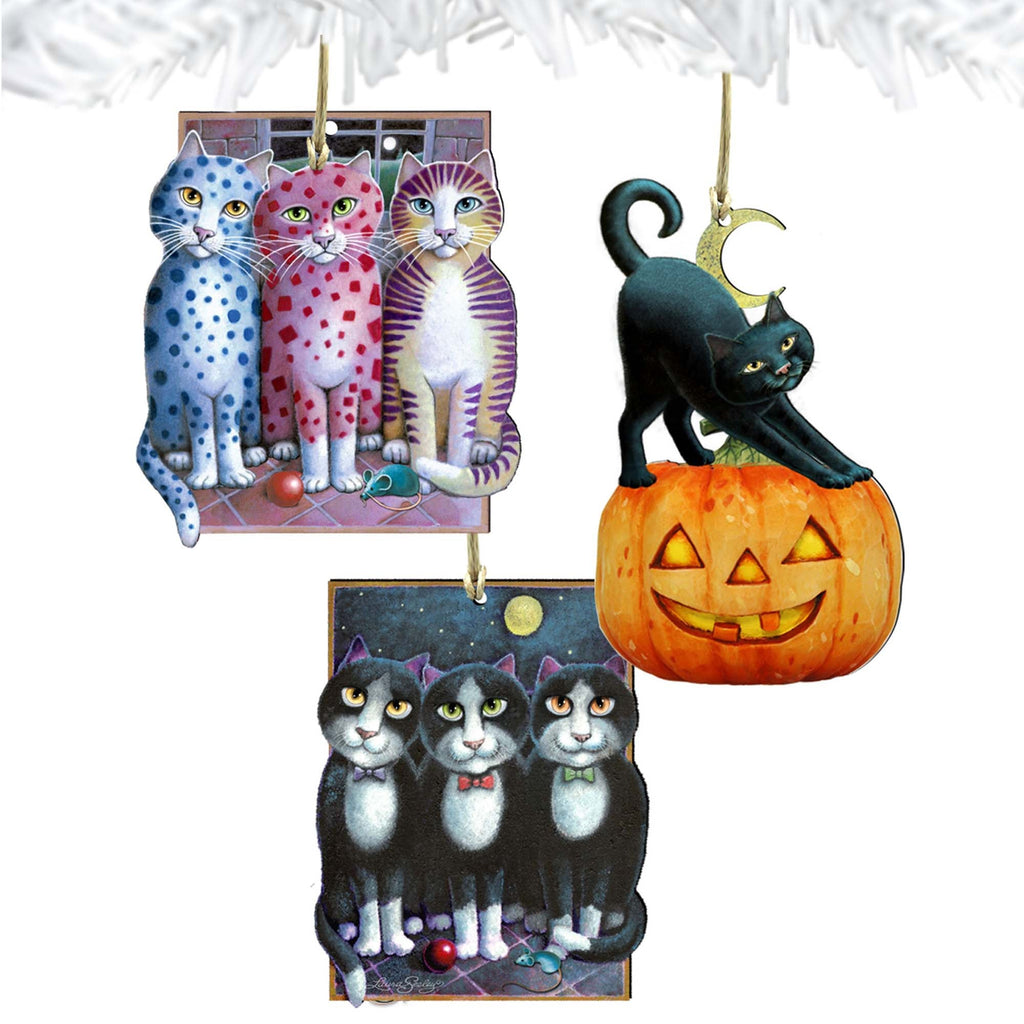 Halloween Patty Cats Wooden Ornaments Set of 3 by Laura Seeley - Thanksgiving Halloween Decor - 8100094S3-LS