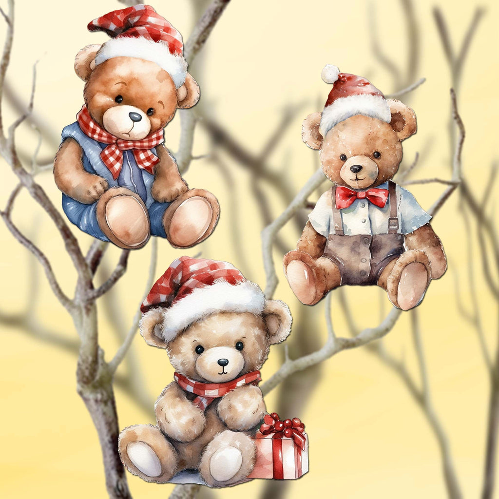 Christmas Teddy Bear Clip-On Eco Wood Decorative Ornaments Set of 3 by G. Debrekht - Christmas Decor - 8091011C-S3