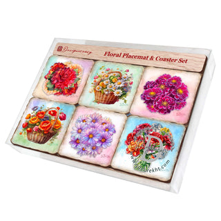 Bouquet of Flowers Wooden Cork Placemat and Coasters Gift Set of 7 by Nature Wonders - Nature Wildlife Decor - 85444C-S7