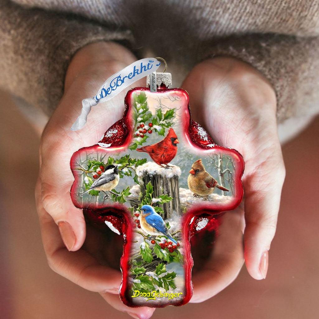 Winter Cardinals Cross Glass Ornament by D. Gelsinger - Nativity Holiday Decor - 758-010-DG