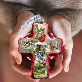 Winter Cardinals Cross Glass Ornament by D. Gelsinger - Nativity Holiday Decor - 758-010-DG