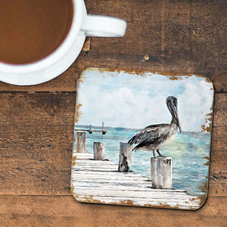 Pelican Coastal Wooden Cork Coasters Gift Set of 4 by Nature Wonders - Coastal Sea-Life Decor - 95252C-S4