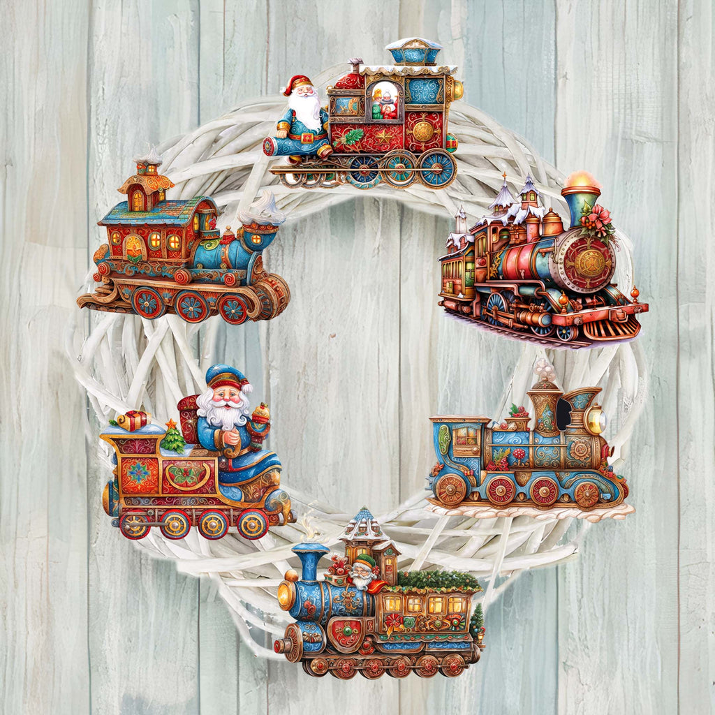Santa Christmas Train Clip-On Eco Wood Decorative Ornaments Set of 6 by G. Debrekht - Christmas Decor - 8090123C-S6