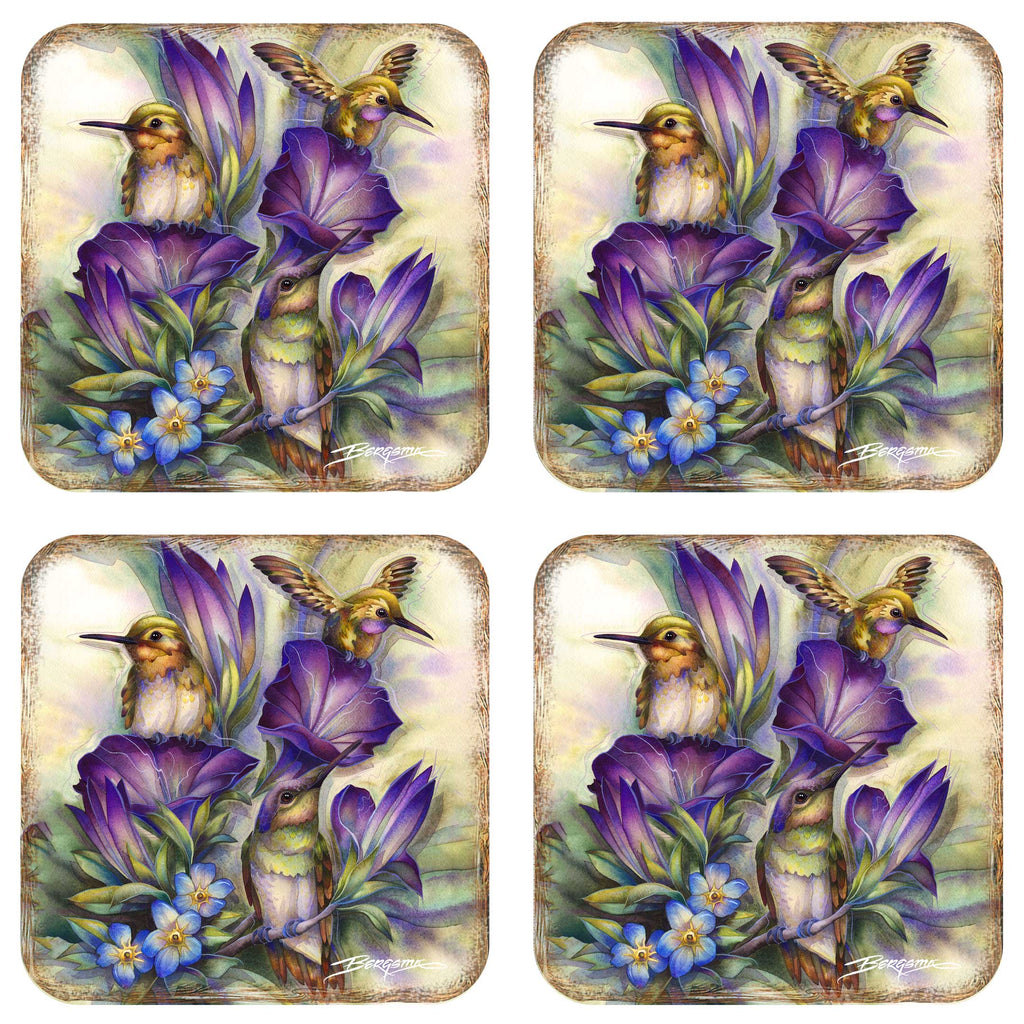 Everlasting Friendship Hummingbirds Wooden Cork Coasters Gift Set of 4 by J. Bergsma - Wildlife Decor - 8199464C-S4