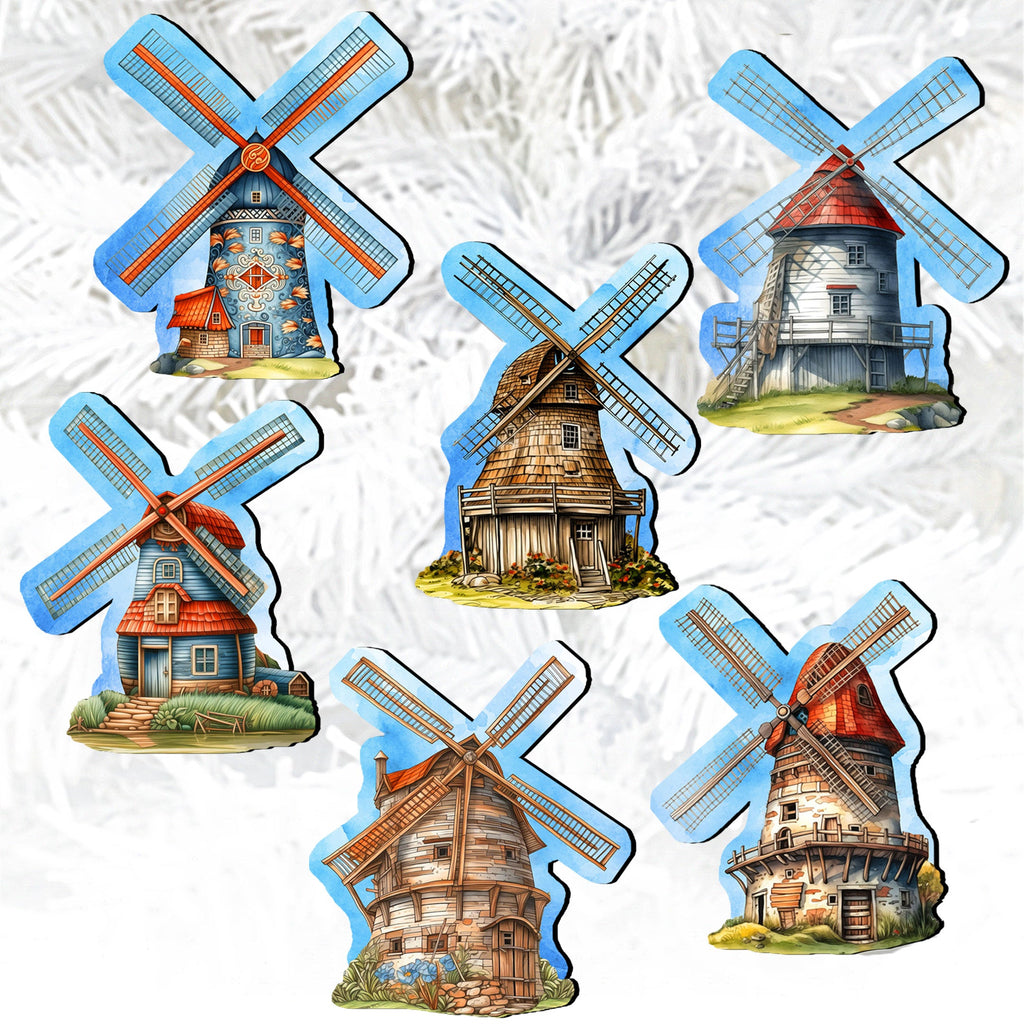 Windmills Clip-On Eco Wood Decorative Ornaments Set of 6 by G. Debrekht - Love Family Decor - 8090074C-S6