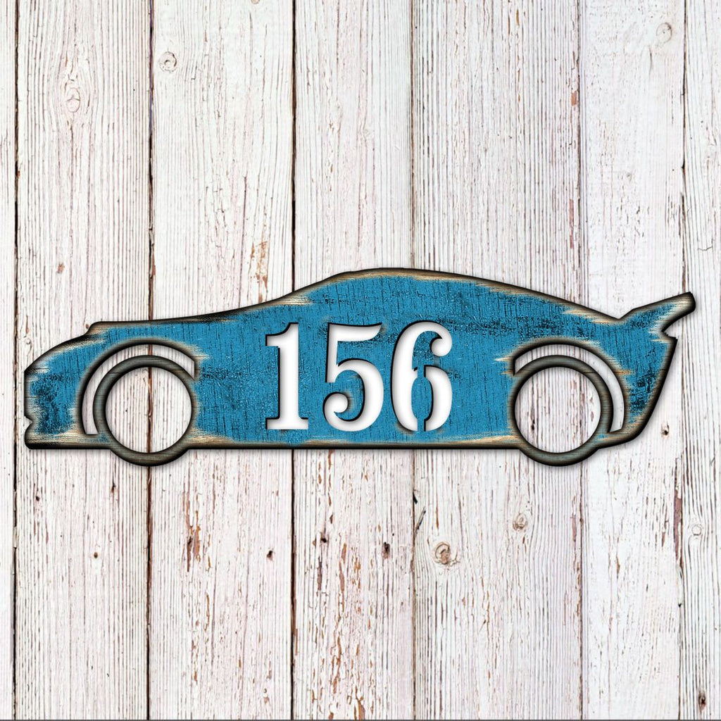 Sports Car Wooden Custom House Number Sign by G. DeBrekht - Love Family Kids Decor - Handcrafted Wooden Handcrafted Wooden Handcrafted Wooden Address Sign - MA98451