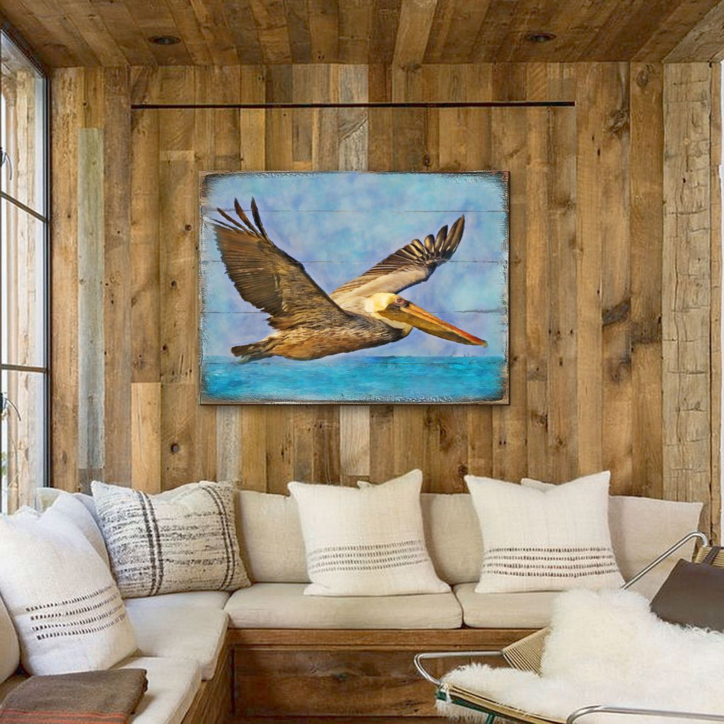 Flying Pelican Wooden Coastal Wall Art by Nature Wonders - Coastal Sea-Life Decor - 95387B