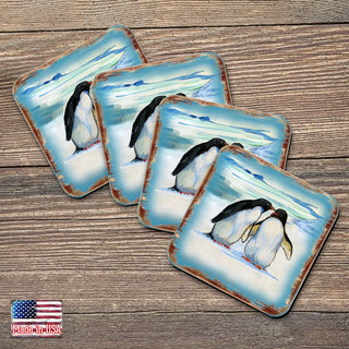 Penguins Wooden Cork Coasters Gift Set of 4 by Nature Wonders - Nature Wildlife Decor - 95382C-S4