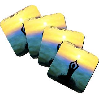 four square coasters with silhouetted figures against a sunset background.