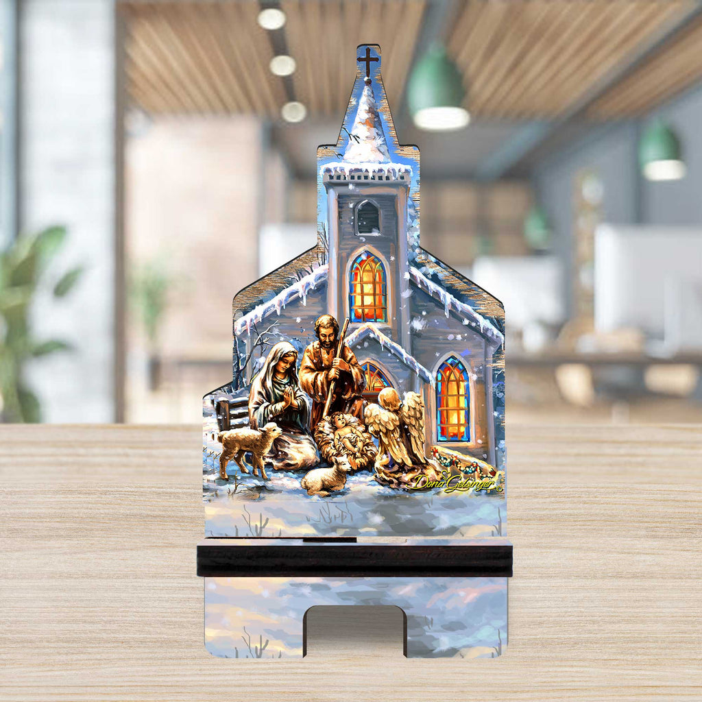 Holy Night Winter Cathedral Cell Phone Stand Inspirational Decor Wood Mobile Tablet Holder Charging Station Organizer - 892080C-DG