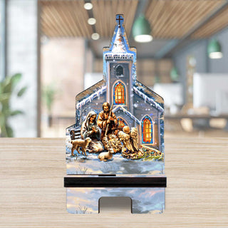 Holy Night Winter Cathedral Cell Phone Stand Inspirational Decor Wood Mobile Tablet Holder Charging Station Organizer - 892080C-DG