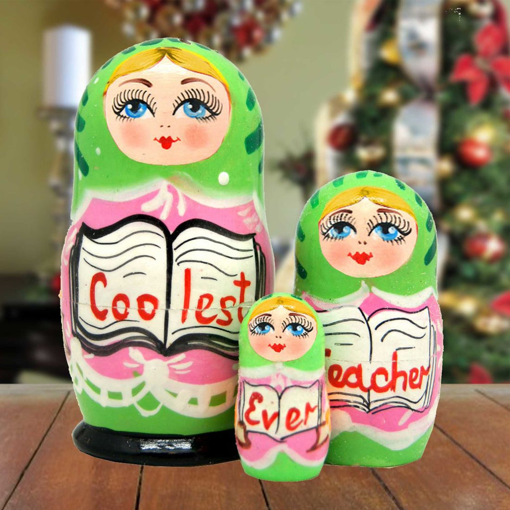 Coolest Teacher Matreshka Nesting Hand-Painted Doll Set of 3 by G. DeBrekht - Love Family Kids Decor - 14713