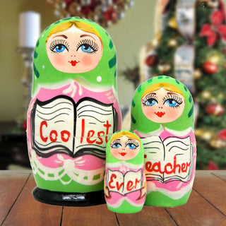 Coolest Teacher Matreshka Nesting Hand-Painted Doll Set of 3 by G. DeBrekht - Love Family Kids Decor - 14713
