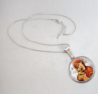 Holy Virgin Mary Vladimir Silver Plated Mother of Pearl Necklace Jewelry - 43011