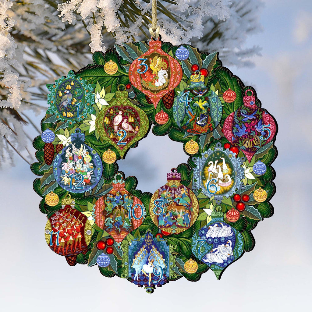 12 Days of Christmas Wreath Wooden Ornaments by G. Debrekht - Christmas Decor - 8185313