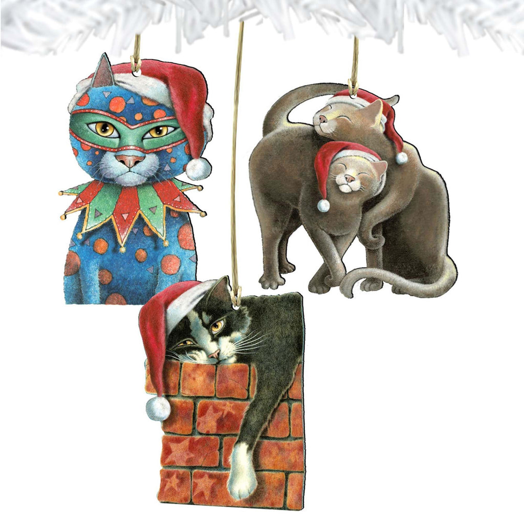 Party Cats Wooden Ornaments Set of 3 by Laura Seeley - Pets Dog and Cats Decor - 8100097S3-LS