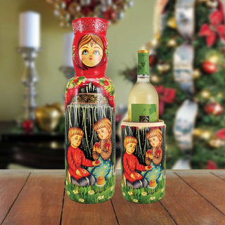 Children Hand-Painted Wooden Bottle Holder, Wine Box, Tall Gift Box by G. DeBrekht - Christmas Decor - 190502