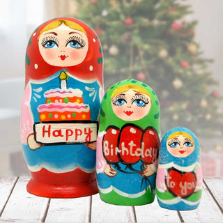 Happy Birthday Matreshka Nesting Hand-Painted Doll Set of 3 by G. DeBrekht - Love Family Kids Decor - 14712