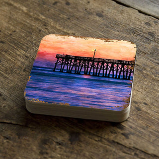 Pier at Sunset Coastal Wooden Cork Coasters Gift Set of 4 by Nature Wonders - Coastal Sea-Life Decor - 95359C-S4