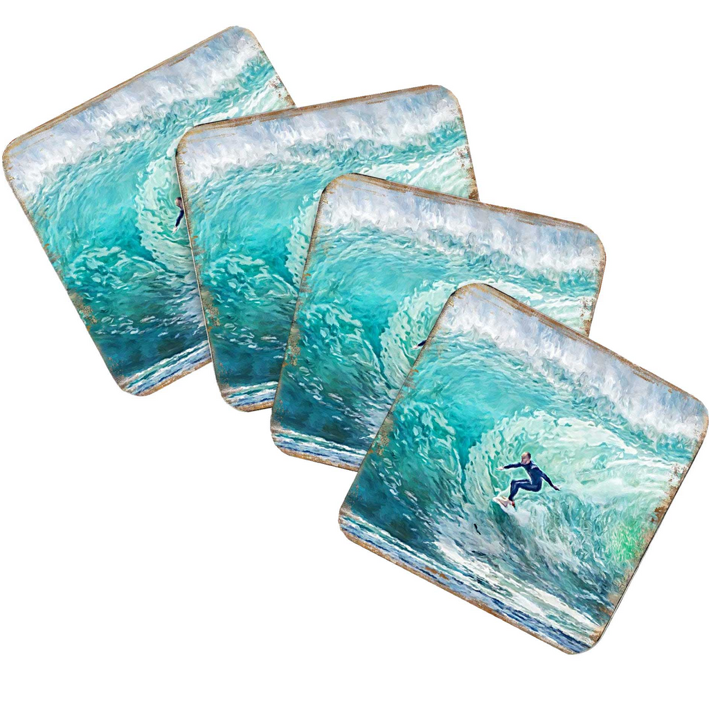 A set of four coasters featuring images of a surfer riding a wave.