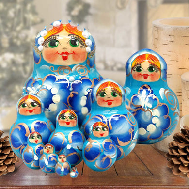 Flower in Blue Matreshka Nesting Hand-Painted Doll Set of 10 by G. DeBrekht - Christmas Decor - 141151B