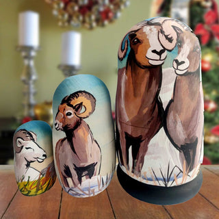 Ram Matreshka Nesting Hand-Painted Doll Set of 3 by G. DeBrekht - Wildlife Holiday Decor - 14773