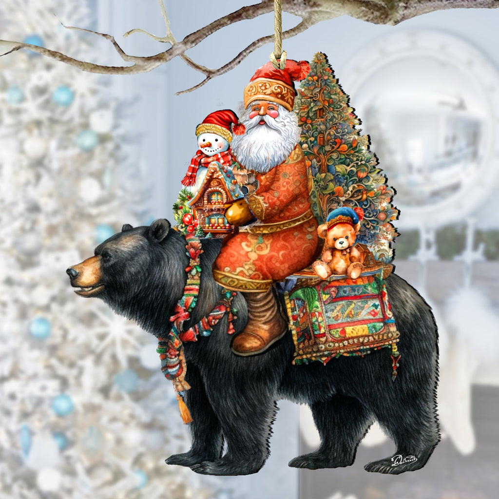 Santa on Black Bear Wooden Ornaments Christmas Santa Snowman Decor - 8611064