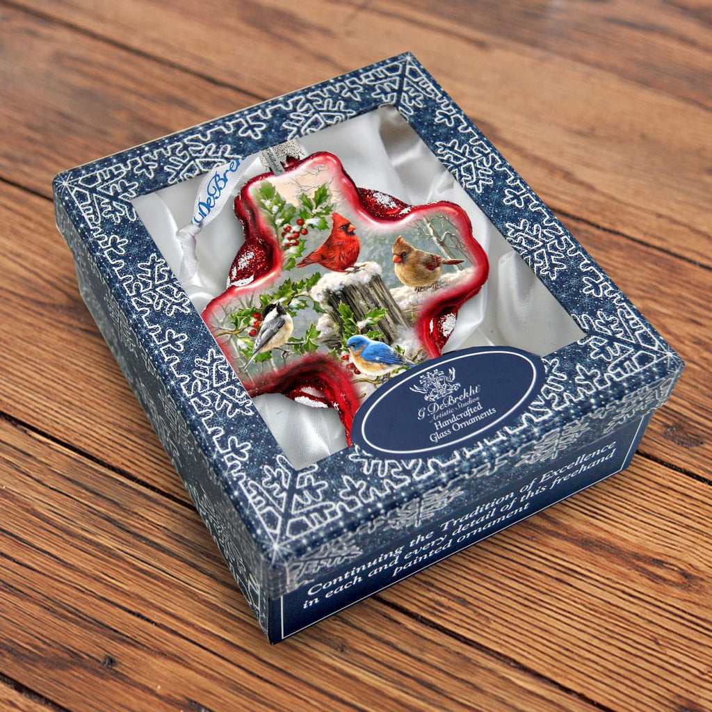 Winter Cardinals Cross Glass Ornament by D. Gelsinger - Nativity Holiday Decor - 758-010-DG