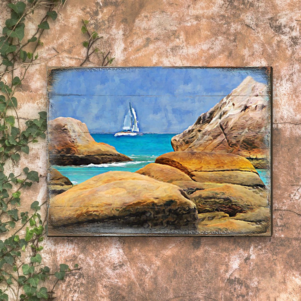 Sailboat on The Rocky Shore Wooden Coastal Wall Art by Nature Wonders - Coastal Sea-Life Decor - 95274B