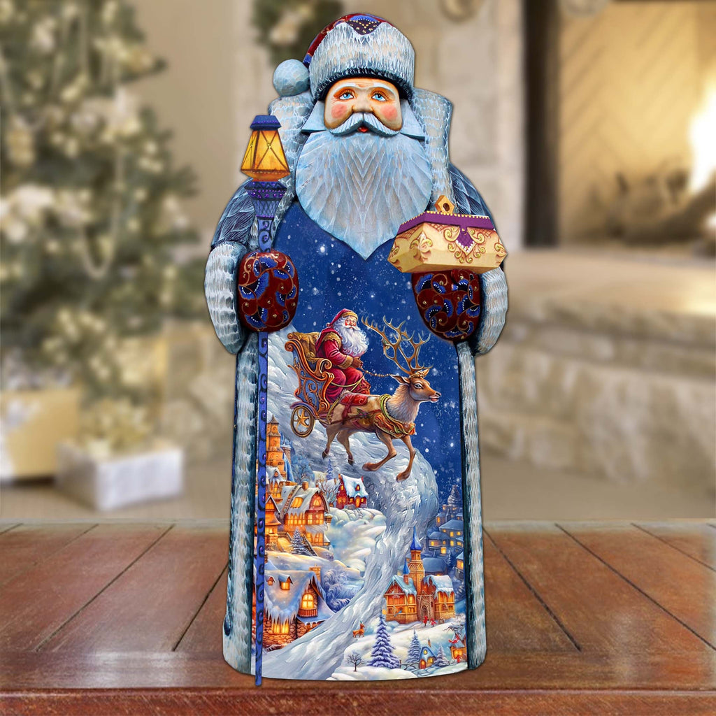 Joyful Sleigh Descent Santa Hand-Painted WOODCARVED Masterpiece Figurine by G. DeBrekht - Santa Snowman Christmas Decor - 215870