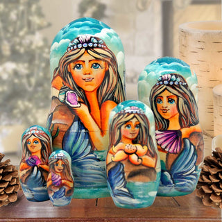 Mermaid Mrs. of The Sea Matreshka Nesting Hand-Painted Dolls Set of 5 by G. DeBrekht - Coastal Holiday Decor - 130722