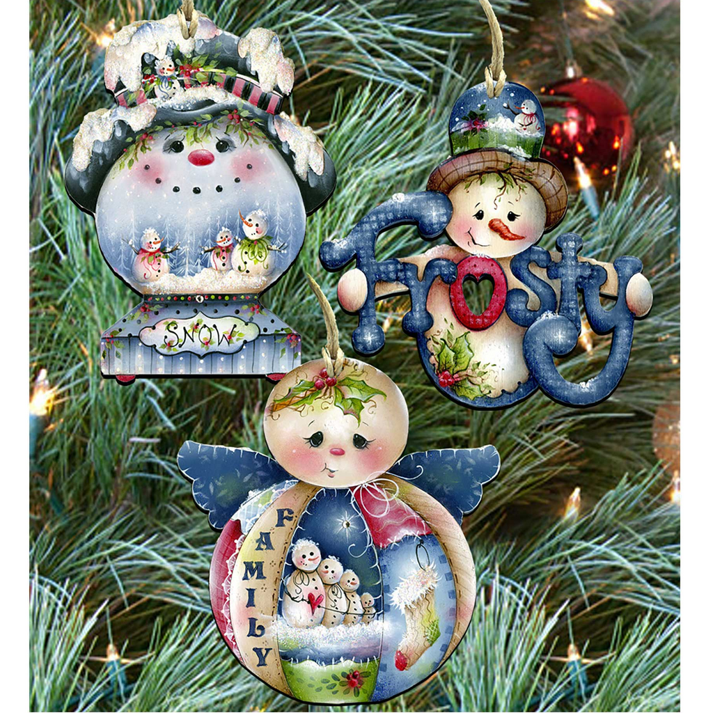A festive scene with three colorful Christmas ornaments hanging on a tree. The ornaments are shaped like snowmen and feature various holiday-themed designs, including a snowman, a frosty snowman, and a snow angel.