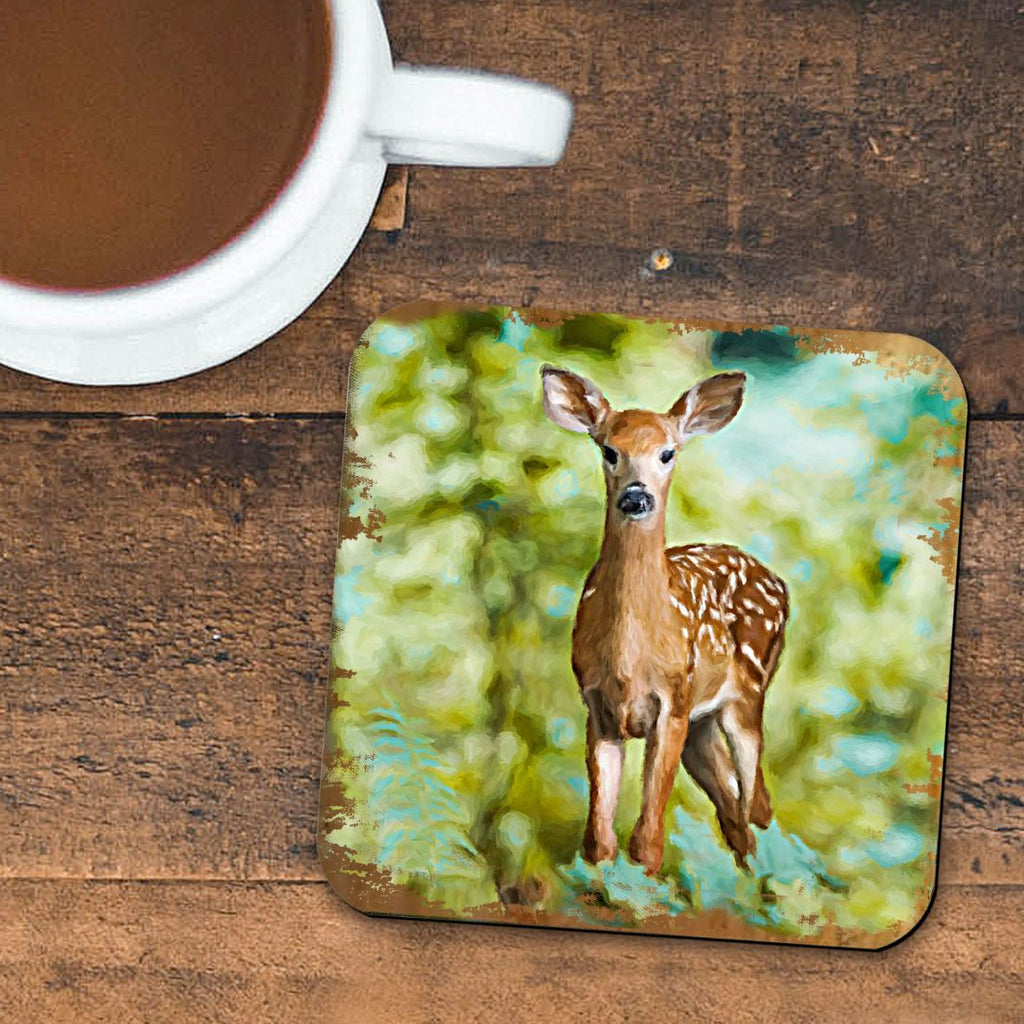 Forest Deer Wooden Cork Coasters Gift Set of 4 by Nature Wonders - Nature Wildlife Decor - 95290C-S4
