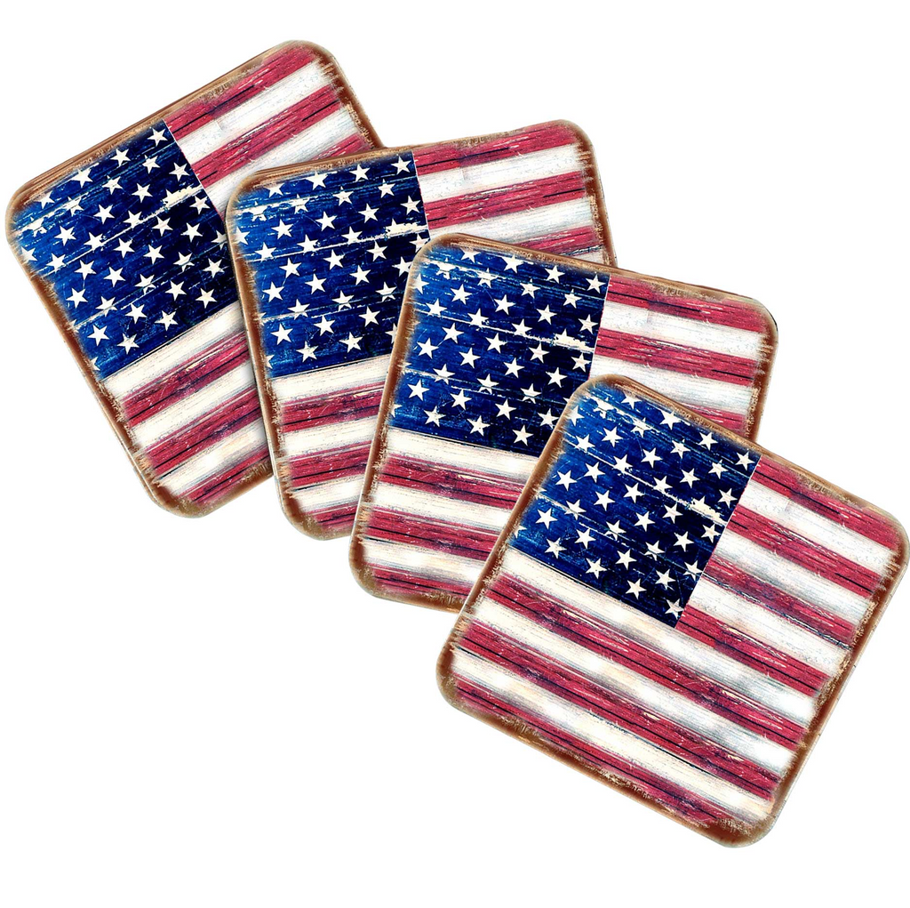four square coasters with the American flag design, arranged in a row.