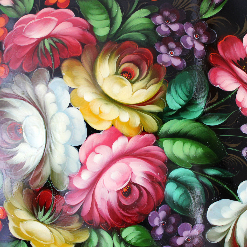 Authentic Zhostovo Floral Hand-Painted Black Metal Tray 17x17 - Kitchenware and Gift One-of-a-Kind Work of Art by G. Debrekht Functional Kitchenware Table and Unique Wall Decor