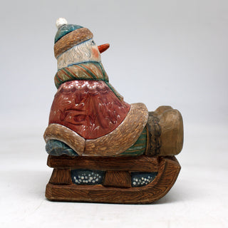 One-of-a-Kind Snowman on Sleigh WOODCARVED Figurine 5.5x4x3