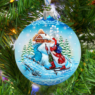 Skiing Through the Snow Glass Ornament by G. DeBrekht - Christmas Santa Snowman Decor - 73362