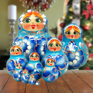 Flower in Blue Matreshka Nesting Hand-Painted Doll Set of 10 by G. DeBrekht - Christmas Decor - 141151B
