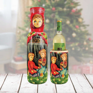 Children Hand-Painted Wooden Bottle Holder, Wine Box, Tall Gift Box by G. DeBrekht - Christmas Decor - 190502