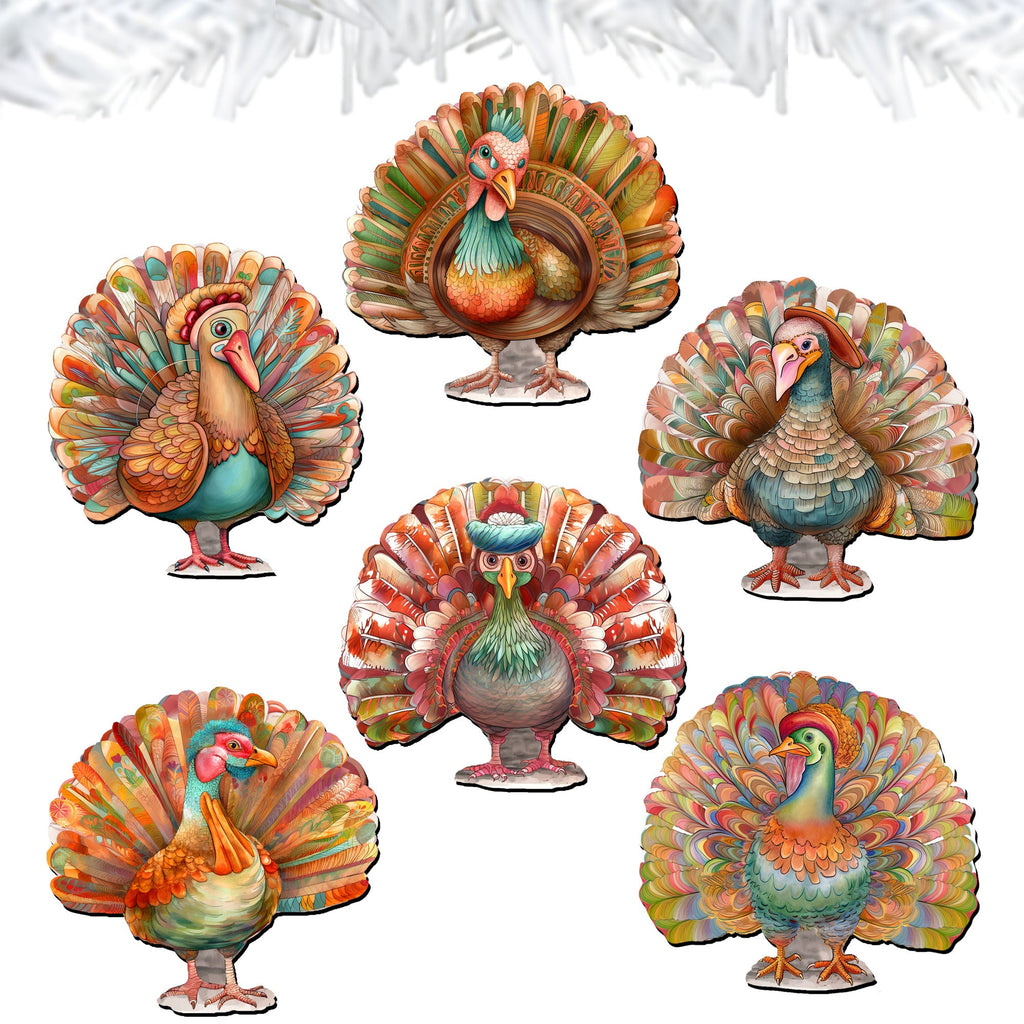 Turkey Clip-On Eco Wood Decorative Ornaments Set of 6 by G. Debrekht - Thanksgiving Decor - 8090027C-S6