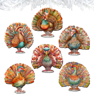 Turkey Clip-On Eco Wood Decorative Ornaments Set of 6 by G. Debrekht - Thanksgiving Decor - 8090027C-S6