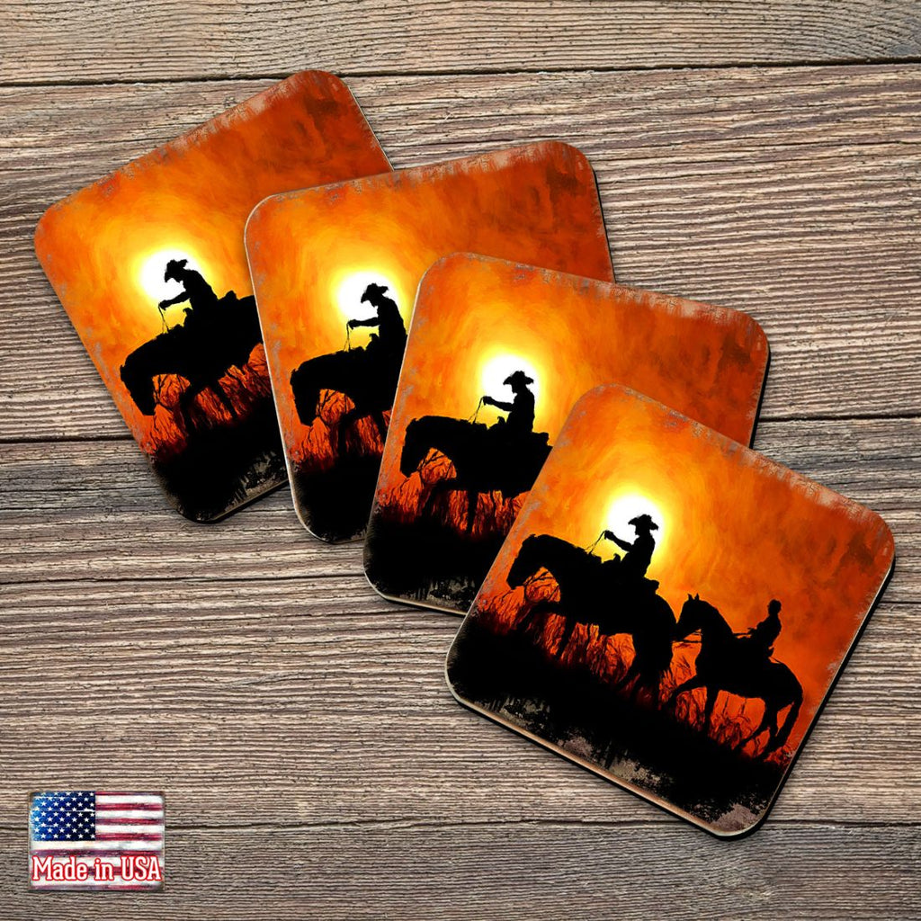 Cowboy Sunset Ride Wooden Cork Coasters Gift Set of 4 by Nature Wonders - Nature Wildlife Decor - 95230C-S4