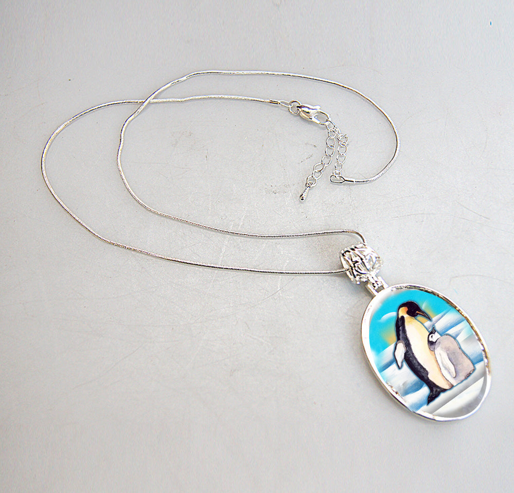 Love Coup[e Penguins Silver Plated Mother of Pearl Jewelry Pendant Necklace - 44033-2