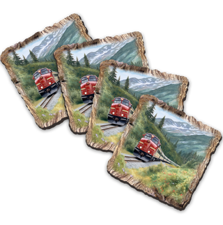 The image is a collage of three pictures depicting red locomotives traveling on train tracks through a mountainous landscape.