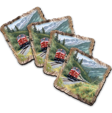 The image is a collage of three pictures depicting red locomotives traveling on train tracks through a mountainous landscape.