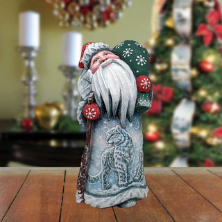 Santa and the Snow Leopard Santa Hand-Painted WOODCARVED Figurine by G. DeBrekht - Wildlife Holiday Decor - 821508-2
